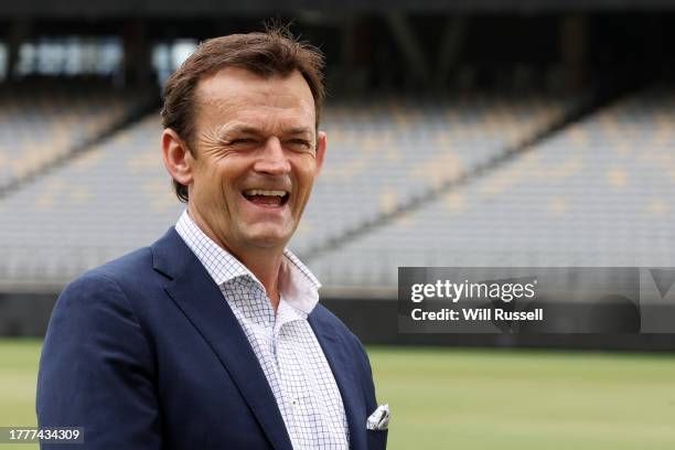 Pictured is Adam Gilchrist during the Cricket Australia 'The West Test' Launch at Perth Stadium on November 06, 2023 in Perth, Australia.