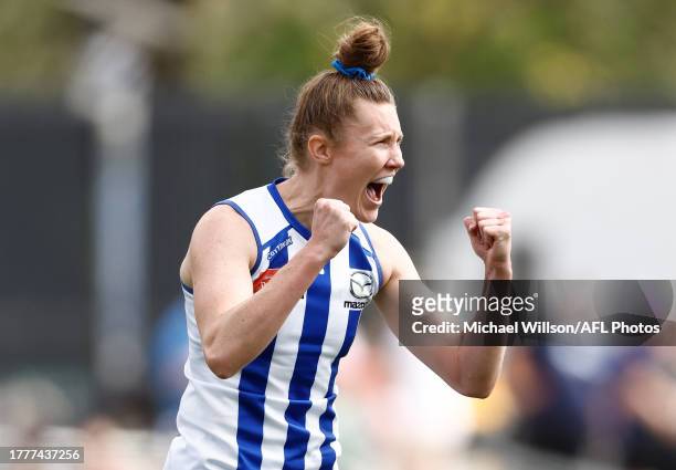 Tahlia Randall of the Kangaroos celebrates a goal during the 2023 AFLW Second Qualifying Final match between The Melbourne Demons and The North...