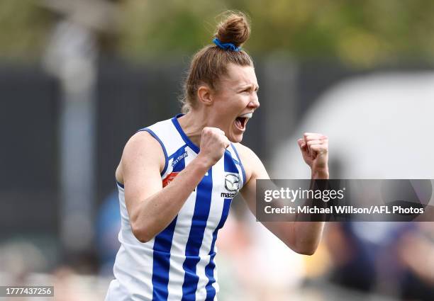 Tahlia Randall of the Kangaroos celebrates a goal during the 2023 AFLW Second Qualifying Final match between The Melbourne Demons and The North...