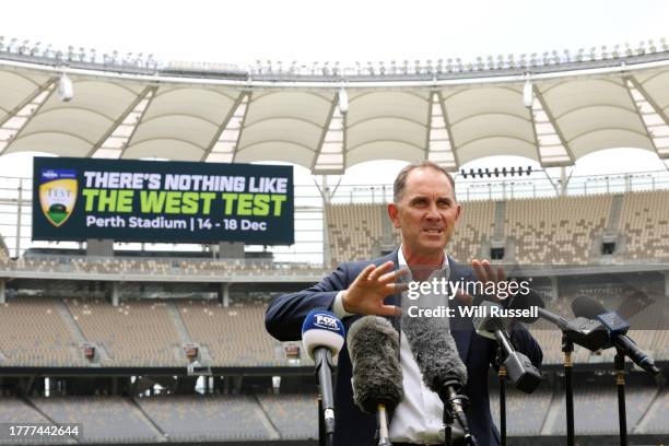 Pictured is Justin Langer during the Cricket Australia 'The West Test' Launch at Perth Stadium on November 06, 2023 in Perth, Australia.