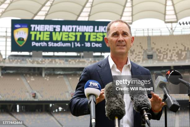 Pictured is Justin Langer during the Cricket Australia 'The West Test' Launch at Perth Stadium on November 06, 2023 in Perth, Australia.