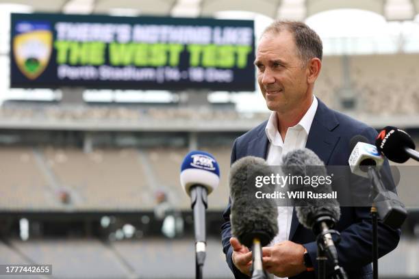 Pictured is Justin Langer during the Cricket Australia 'The West Test' Launch at Perth Stadium on November 06, 2023 in Perth, Australia.