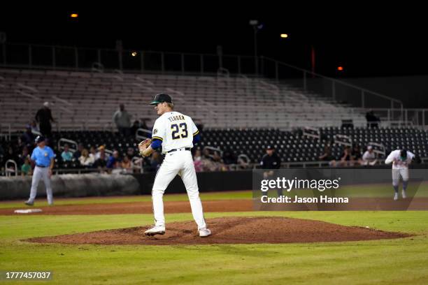 Justin Yeager of the Surprise Saguaros celebrates on the field after the Saguaros defeated the Peoria Javelinas in the 2023 Arizona Fall League...