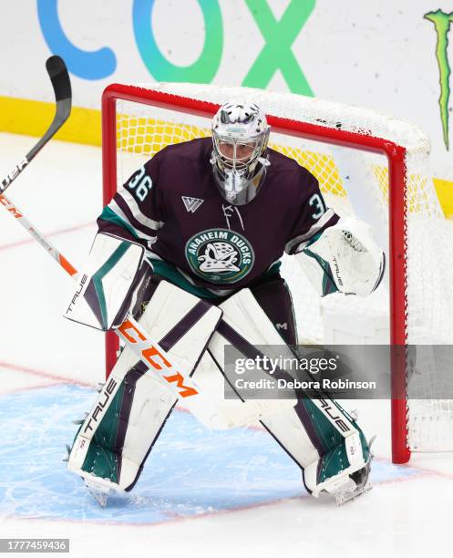 John Gibson of the Anaheim Ducks holds the crease during the game against the Vegas Golden Knights on November 5, 2023 at Honda Center in Anaheim,...