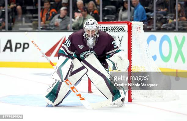 John Gibson of the Anaheim Ducks defends the net during the second period against the Vegas Golden Knights at Honda Center on November 05, 2023 in...