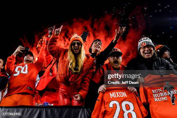 Fans celebrate the Cincinnati Bengals 24-18 win against the Buffalo Bills at Paycor Stadium on November 05, 2023 in Cincinnati, Ohio.