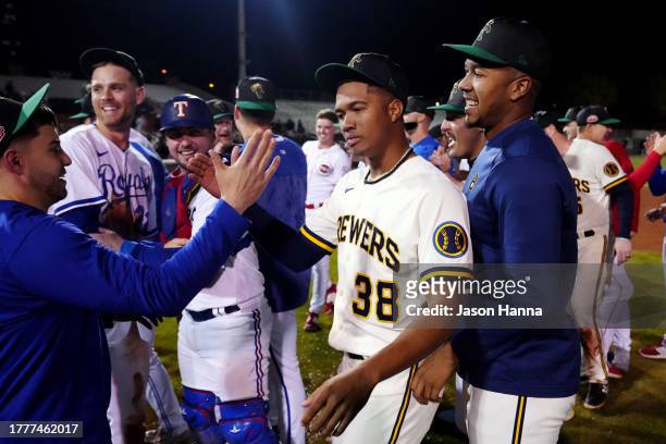 Joseph Hernandez of the Surprise Saguaros celebrates on the field after the Saguaros defeated the Peoria Javelinas in the 2023 Arizona Fall League...