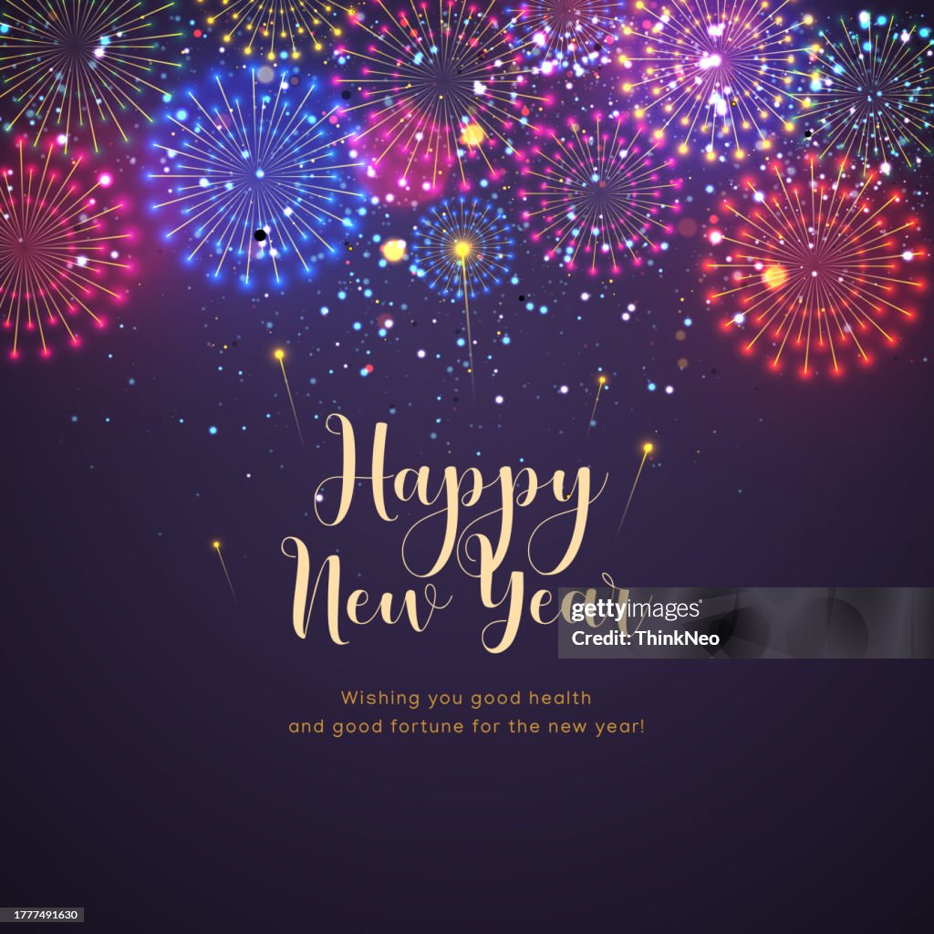 Texto de feliz Año Nuevo con fuegos artificiales. Concepto de tarjeta de vacaciones, cartel, pancarta, volante.