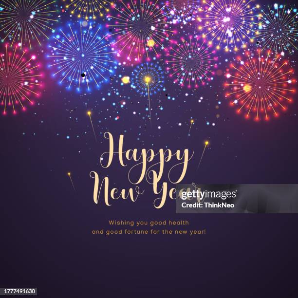 stockillustraties, clipart, cartoons en iconen met happy new year text with fireworks. concept for holiday card, poster, banner, flyer. - wensen