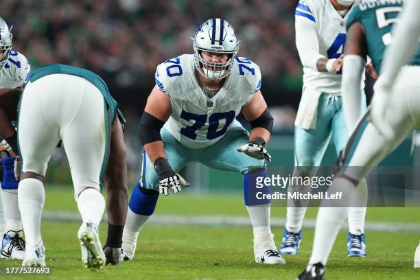 Zack Martin of the Dallas Cowboys in action against the Philadelphia Eagles at Lincoln Financial Field on November 5, 2023 in Philadelphia,...