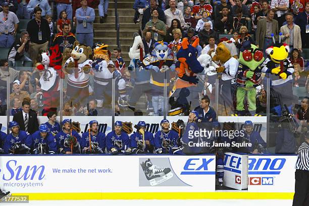 Mascots of the Sabres, Hurricanes, Thrashers, Sharks, Predators, Islanders, Mighty Ducks, Flames, Blue Jackets and Lightning stand behind the bench...
