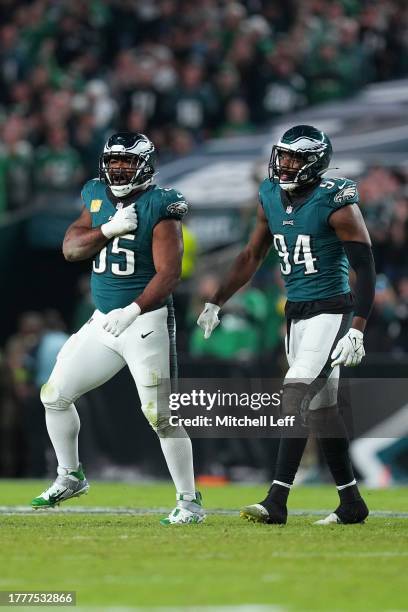 Brandon Graham and Josh Sweat of the Philadelphia Eagles react against the Dallas Cowboys at Lincoln Financial Field on November 5, 2023 in...