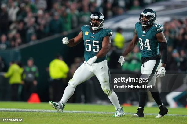 Brandon Graham and Josh Sweat of the Philadelphia Eagles react against the Dallas Cowboys at Lincoln Financial Field on November 5, 2023 in...