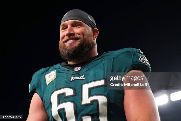 Lane Johnson of the Philadelphia Eagles reacts against the Dallas Cowboys at Lincoln Financial Field on November 5, 2023 in Philadelphia,...