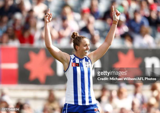 Emma King of the Kangaroos celebrates a goal during the 2023 AFLW Second Qualifying Final match between The Melbourne Demons and The North Melbourne...