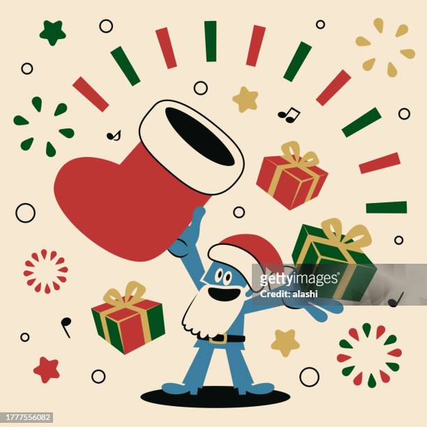 fröhlicher blauer weihnachtsmann zeigt einen großen weihnachtsstrumpf und verteilt weihnachtsgeschenke - tache sang stock-grafiken, -clipart, -cartoons und -symbole
