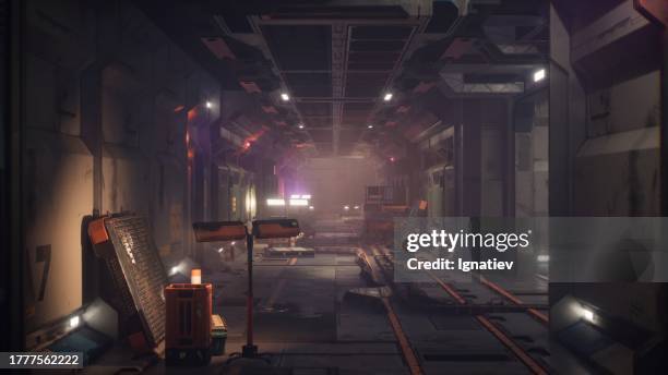 dimly lit bunker passageway with equipment strewn about. - military headquarters stock pictures, royalty-free photos & images