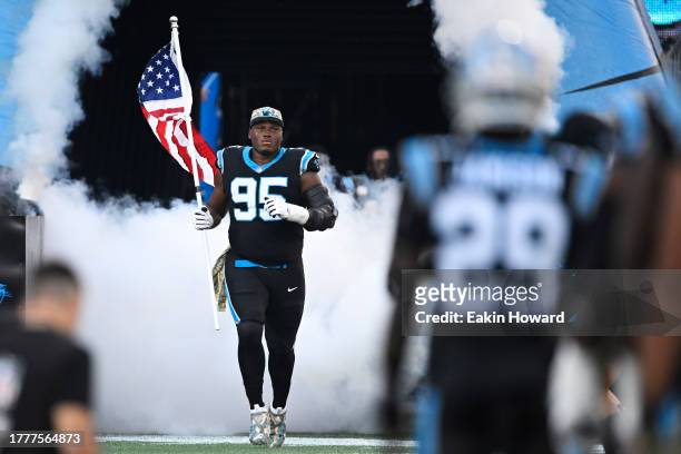 Derrick Brown of the Carolina Panthers takes the field before their game against the Indianapolis Colts at Bank of America Stadium on November 05,...