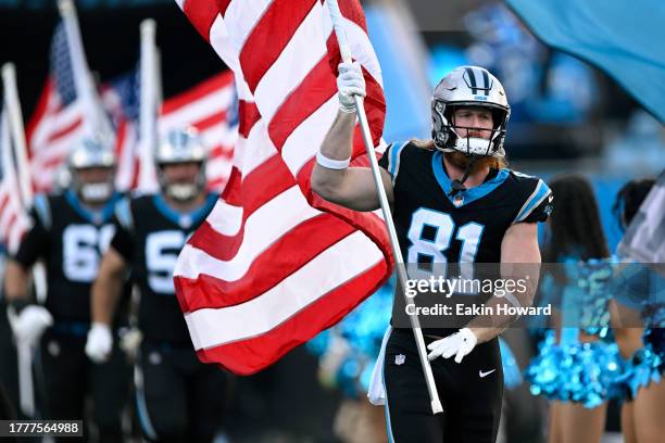 Hayden Hurst of the Carolina Panthers takes the field before their game against the Indianapolis Colts at Bank of America Stadium on November 05,...