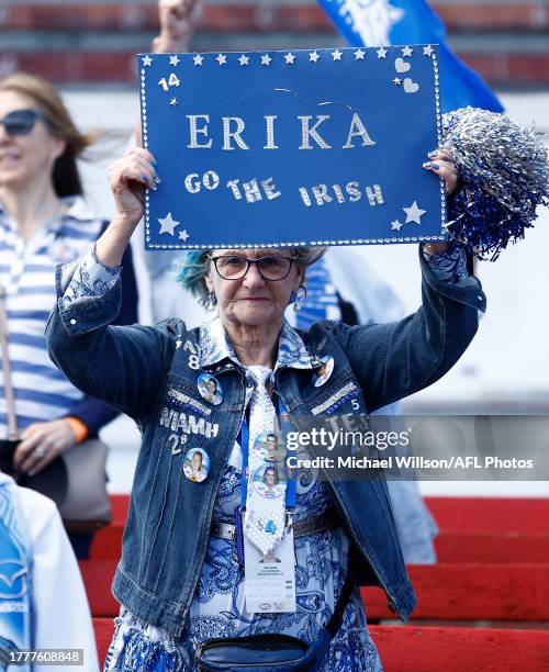 North fan holds a sign in support of Erika O'Shea of the Kangaroos during the 2023 AFLW Second Qualifying Final match between The Melbourne Demons...