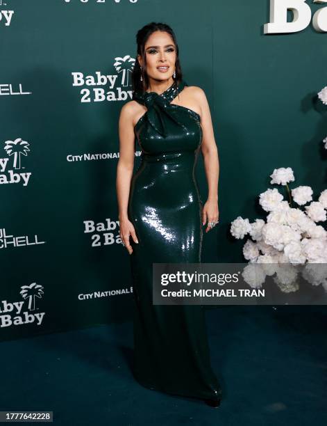 Mexican-US actress Salma Hayek Pinault arrives for the 2023 Baby2Baby Gala in Los Angeles, California, on November 11, 2023. This year's gala honors...