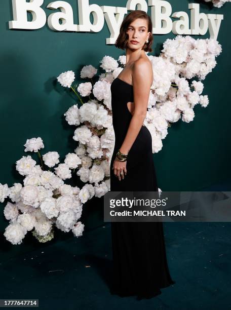 Model Hailey Bieber arrives for the 2023 Baby2Baby Gala in Los Angeles, California, on November 11, 2023. This year's gala honors Mexican-US actress...