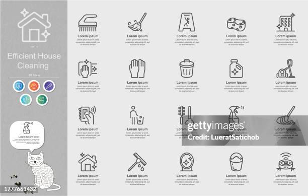 stockillustraties, clipart, cartoons en iconen met efficient house cleaning line icons content infographic - keurig