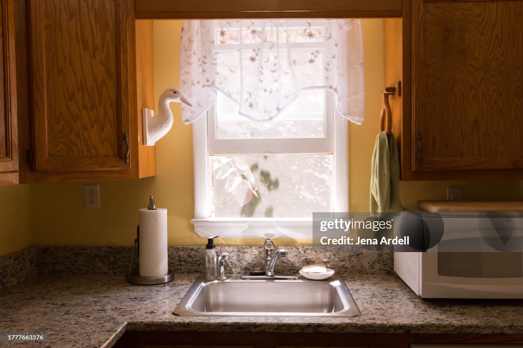 Cute Kitchen Window, Clean Kitchen Sink Inside Domestic Home Interior, Happy Morning Light