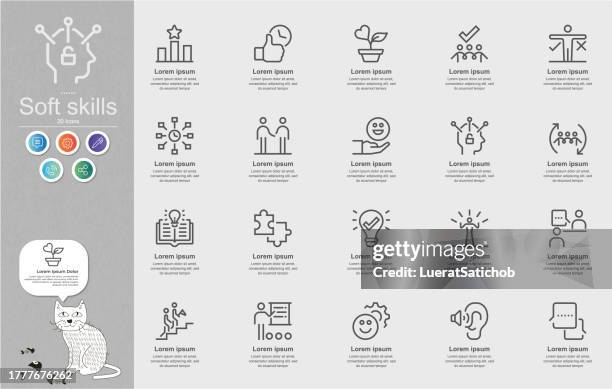 soft skills line icons content infographic - patience illustration stock illustrations