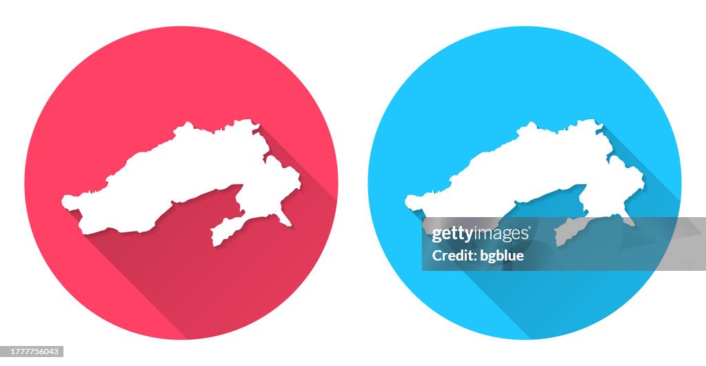 Arunachal Pradesh map. Round icon with long shadow on red or blue background