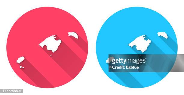 balearic islands map. round icon with long shadow on red or blue background - palma majorca stock illustrations