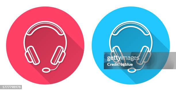 headset. round icon with long shadow on red or blue background - dj console stock illustrations