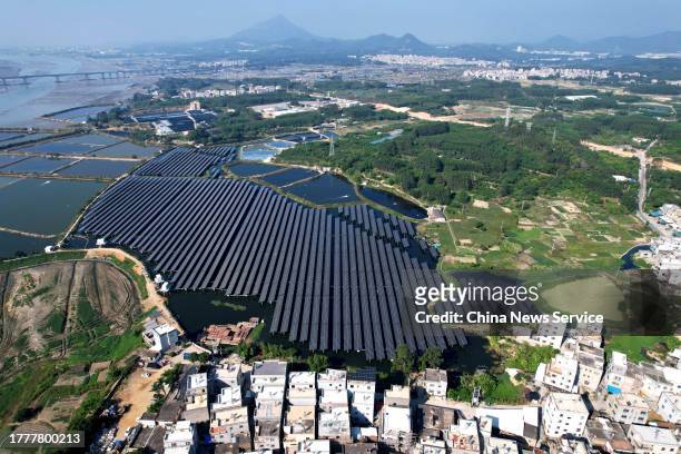 Aerial view of China National Nuclear Corporation's fishery-solar hybrid project at Yunxiao County on November 5, 2023 in Zhangzhou, Fujian Province...