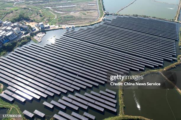 Aerial view of China National Nuclear Corporation's fishery-solar hybrid project at Yunxiao County on November 5, 2023 in Zhangzhou, Fujian Province...