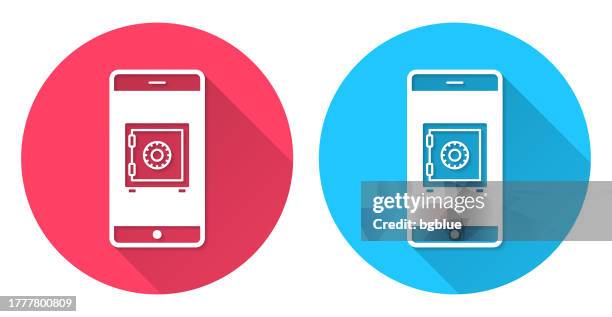 smartphone with safe box. round icon with long shadow on red or blue background - iphone message box stock illustrations