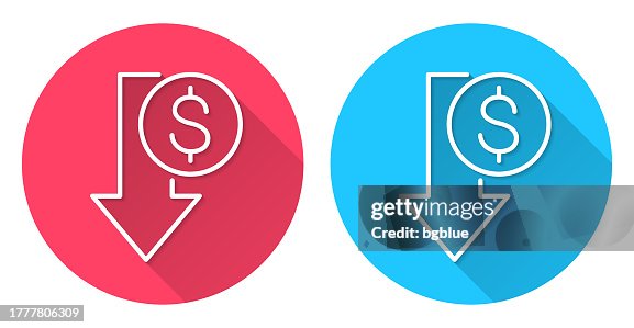 Dollar decrease. Round icon with long shadow on red or blue background Dollar decrease. Round icon with long shadow on red or blue background