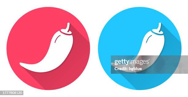 chilli pepper. round icon with long shadow on red or blue background - serrano chili pepper stock illustrations