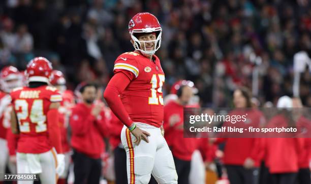 Quarterback Patrick Mahomes of Kansas City Chiefs looks on during the NFL match between Miami Dolphins and Kansas City Chiefs at Deutsche Bank Park...