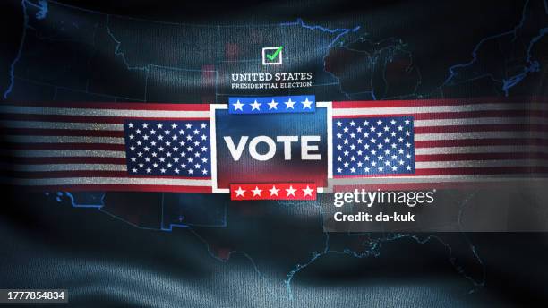 vote - usa election. waving flag with usa map and election message - online voting stock pictures, royalty-free photos & images