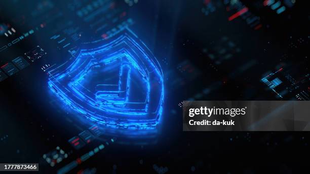 digital shield icon hologram on future tech background. security and safety evolution. futuristic shield icon in world of technological progress and innovation. cgi 3d render - antivirus software bildbanksfoton och bilder