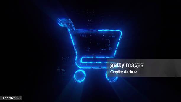 digitales warenkorb-icon-hologramm auf zukünftigem tech-hintergrund. evolution des online-shoppings. futuristische einkaufswagen-ikone in der welt des technologischen fortschritts und der innovation. cgi-3d-rendering - e-commerce stock-fotos und bilder