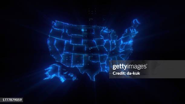 holograma del mapa digital de ee. uu. en el fondo de la tecnología del futuro. experiencia en comunicación y finanzas globales. mapa futurista de ee.uu. en el mundo del progreso tecnológico y la innovación. renderizado 3d cgi - holographic-map fotografías e imágenes de stock