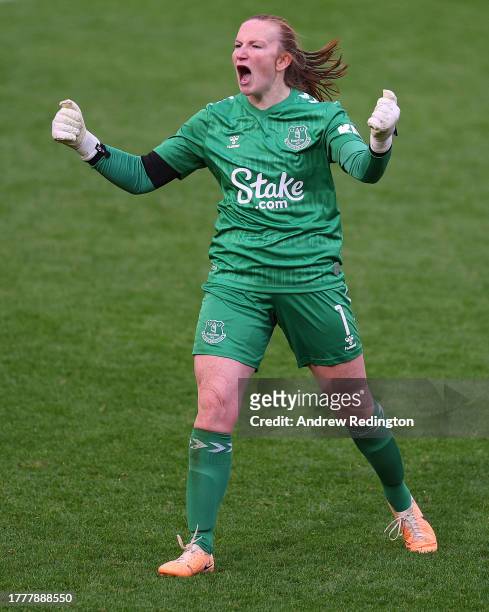 Courtney Brosnan of Everton celebrates after teammate Aurora Galli scores the team's first goal during the Barclays Women´s Super League match...