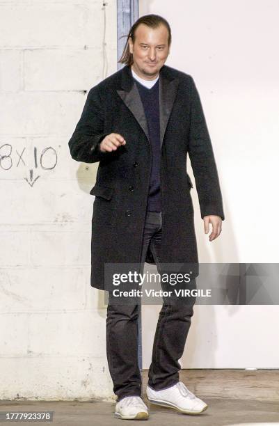 Fashion designer Helmut Lang walks the runway during the Helmut Lang Ready to Wear Fall/Winter 2002-2003 fashion show as part of the New York Fashion...