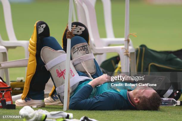 Steve Smith of Australia is seen after he completed training during an Australian training session at Wankhede Stadium on November 06, 2023 in...