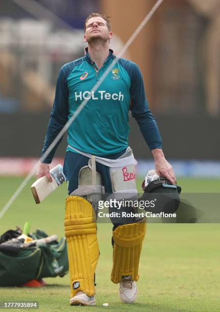 Steve Smith of Australia is seen after he completed training during an Australian training session at Wankhede Stadium on November 06, 2023 in...