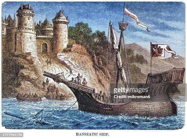 old engraved illustration of hanseatic ship - circa 14th century stock pictures, royalty-free photos & images