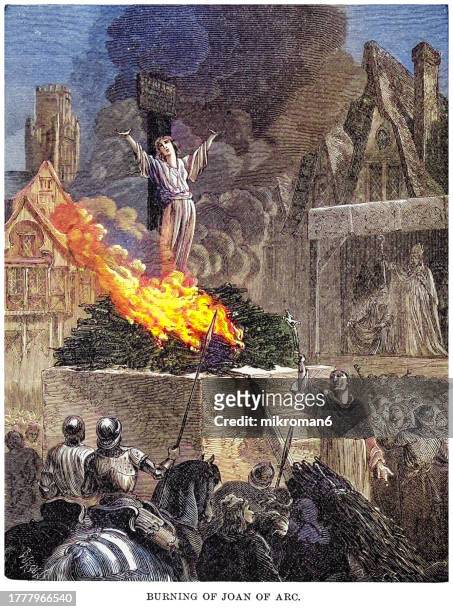 old engraved illustration of execution of joan of arc', was canonized as a roman catholic saint for the part she played in the hundred years' war, after trail by bishop pierre cauchon and found guilty she was burned at the stake in the vieux-marche, rouen - woman body painting stock pictures, royalty-free photos & images
