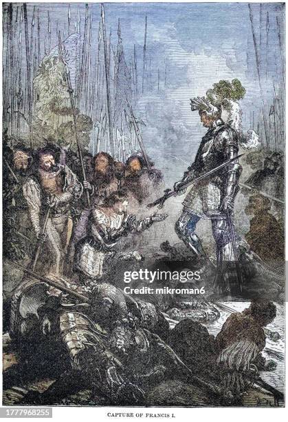 old engraved illustration of capture of francis i of france, king of france - prison uniform stock pictures, royalty-free photos & images