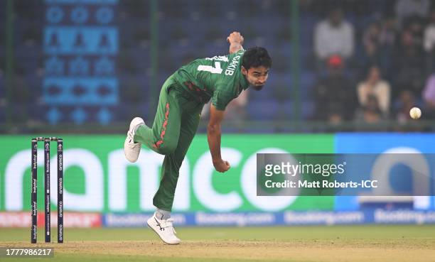 Tanzim Hasan of Bangladesh in bowling action during the ICC Men's Cricket World Cup India 2023 between Bangladesh and Sri Lanka at Arun Jaitley...